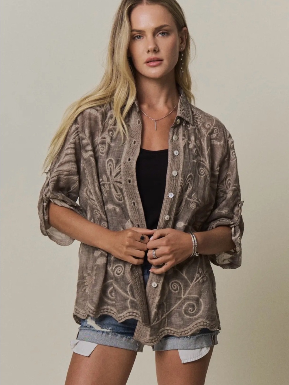Mocha floral crochet embroidered patchwork cardigan tunic top blouse shirt